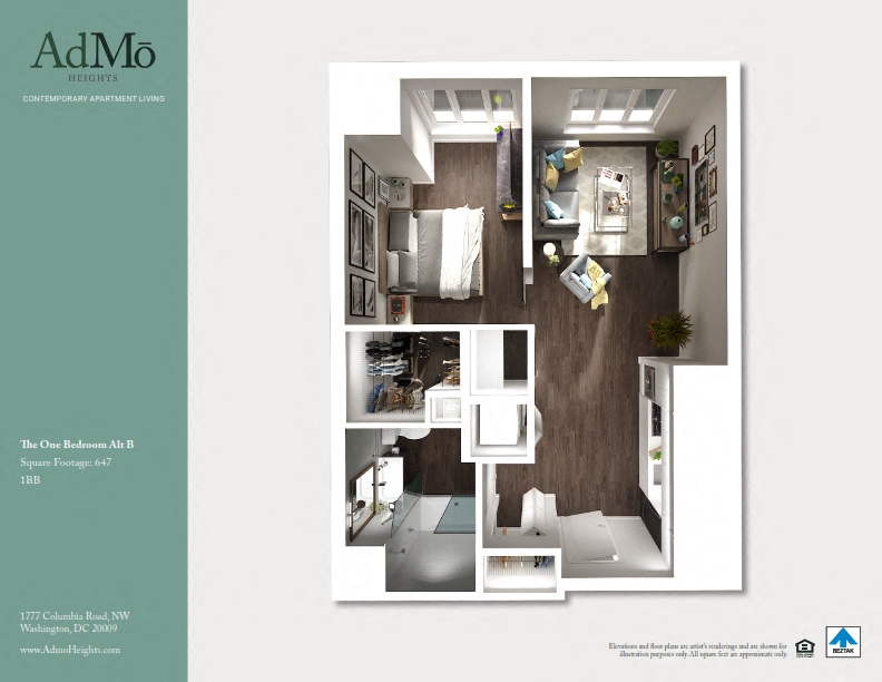 Floor plan for 1 bed, 1 bath, 648 sqft
